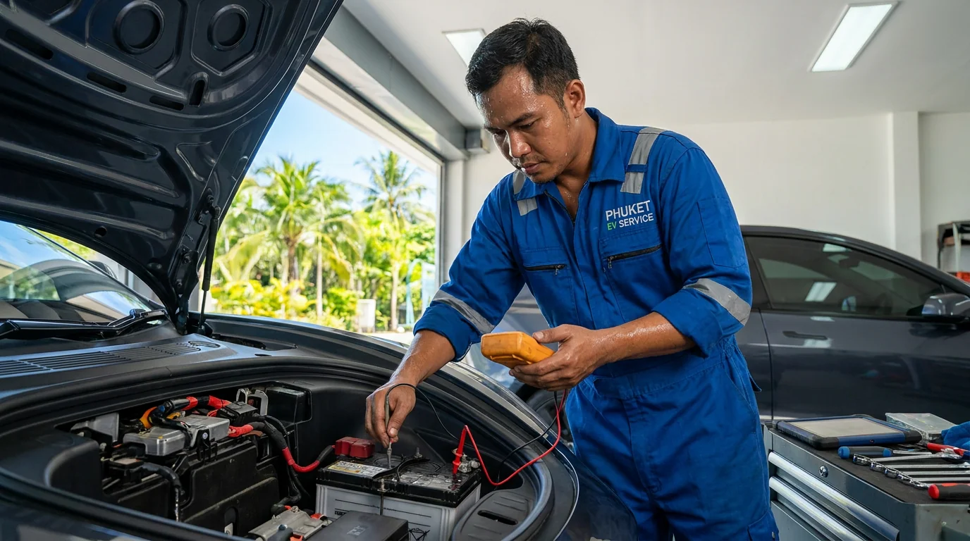 ดูแลแบต 12V รถ EV ในภูเก็ต | 5 เคล็ดลับยืดอายุแบต ทนร้อนได้ 2 ปีขึ้น