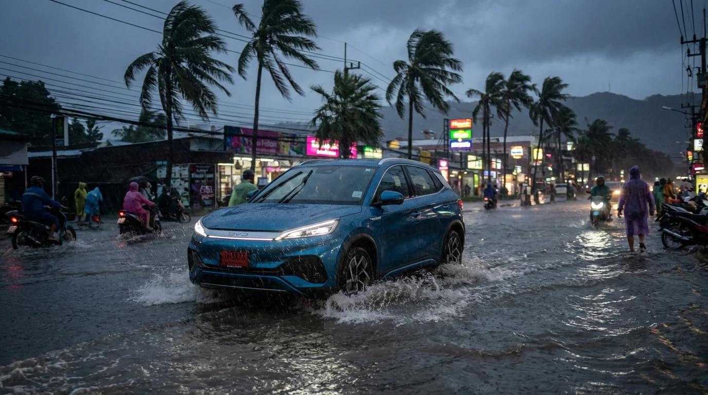 ดูแลรถ EV หน้าฝนภูเก็ต 2026 | คู่มือฉบับเจ้าของ ป้องกันน้ำท่วม แบตเสีย