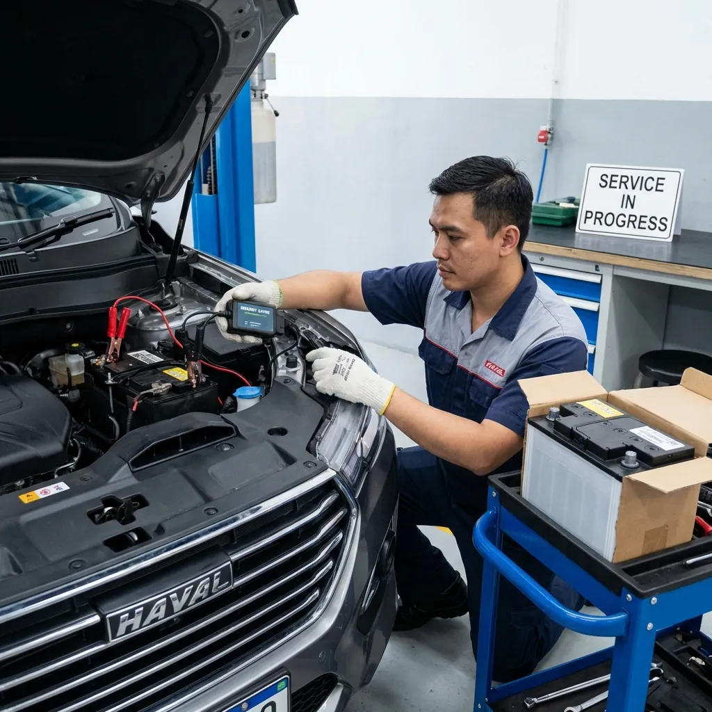 Technician replacing battery on Haval H6