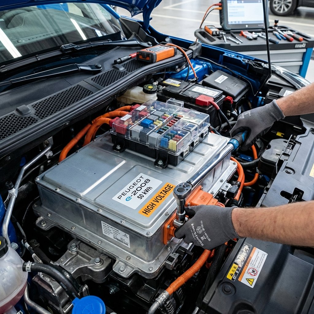 ช่างตรวจสอบขั้วแบตเตอรี่รถ Peugeot